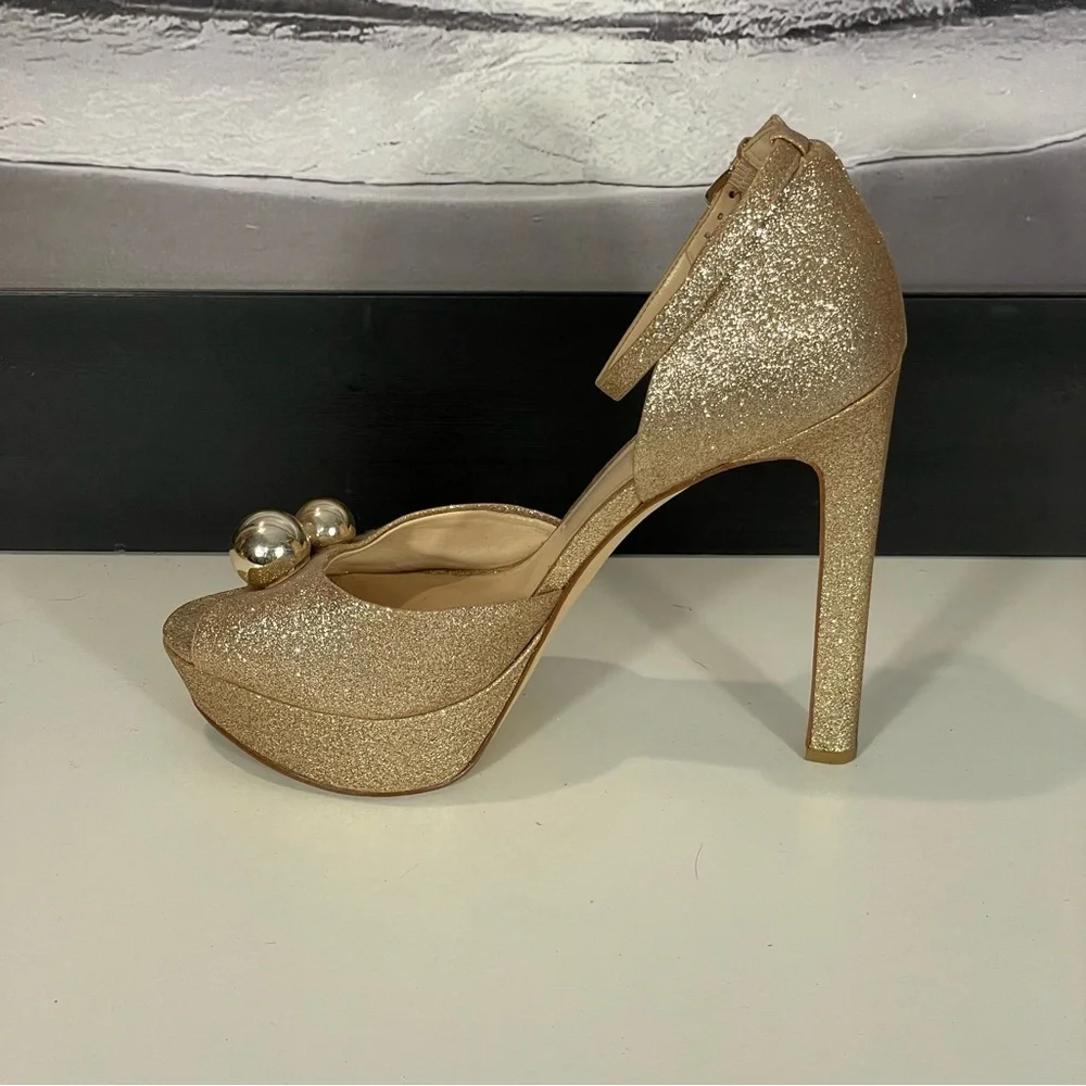 Nine West Gold Glitter Open Toe Platform Stiletto Ankle Strap Heel Shoe Sz 9